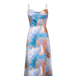 MICAS Abstract Print Draped Neck Slit Midi Dress